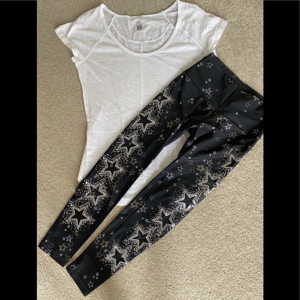 Victoria’s Secret sport black w/silver and gold stars leggings, white top S NWOT